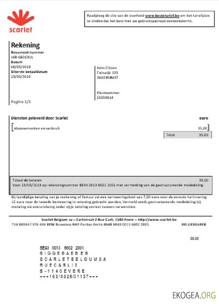 Belgium Scarlet utility bill template in Word and PDF format (.doc and .pdf)